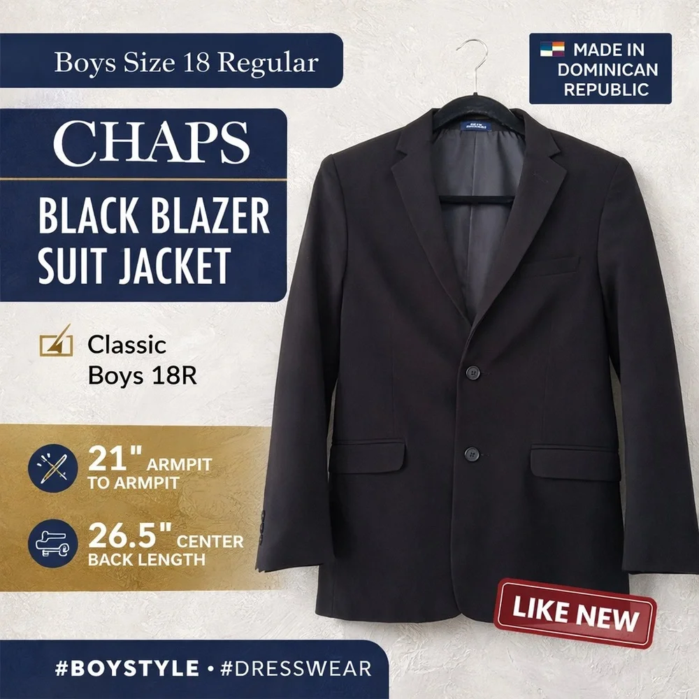 Chaps Boys 18R Black Blazer Suit Jacket Classic 2 Button Dress Wedding Coat
